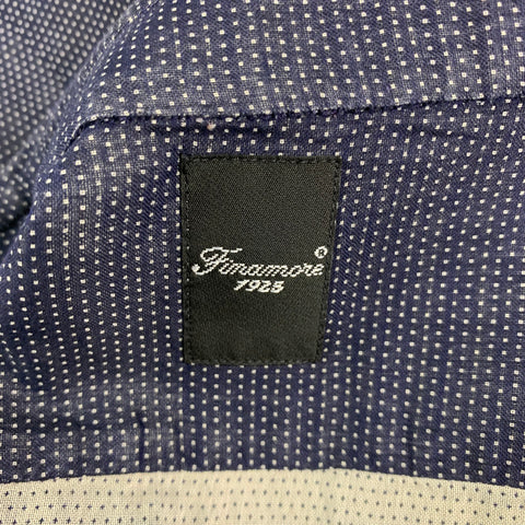 FINAMORE Size L Navy White Dots Cotton Button Up Long Sleeve Shirt