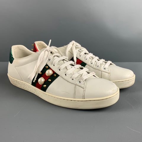 GUCCI Talla 10 Zapatillas bajas con cinta de cuero blanco, verde y rojo