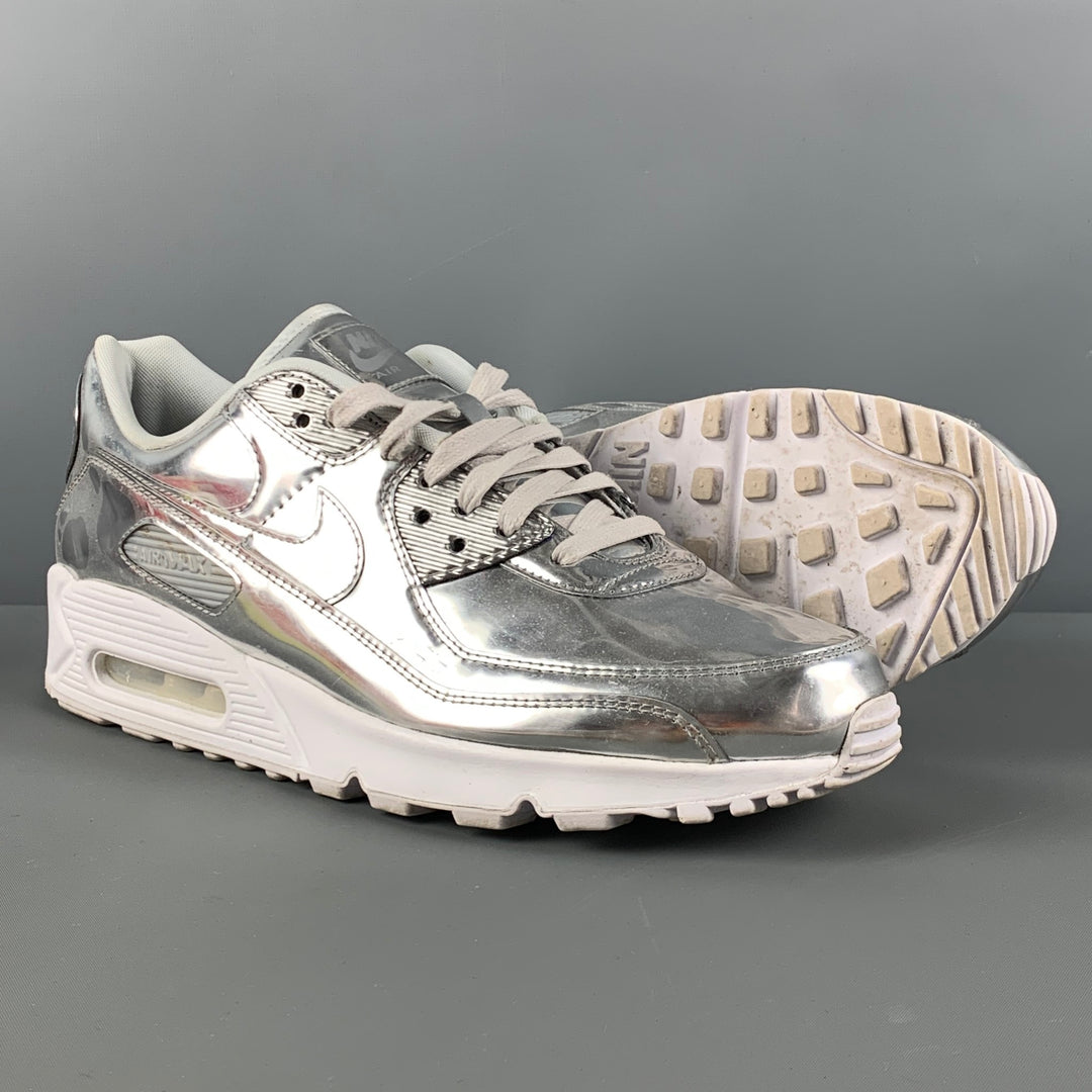 NIKE Air Max 90 Size 12 Silver Metallic Leather Lace Up Sneakers