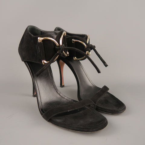 GUCCI Talla 10 Sandalias con correa en el tobillo atadas con lazos en D dorados y gruesos de ante negro