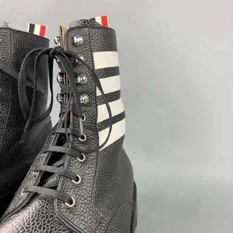 THOM BROWNE Size 10 Black Pebble Grain Leather Lace Up Ankle Boots