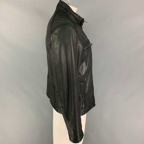 COLE HAAN Size L Black Leather Zip Up Jacket