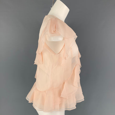 REBECCA TAYLOR Talla 8 Blusa transparente de seda rosa con volantes