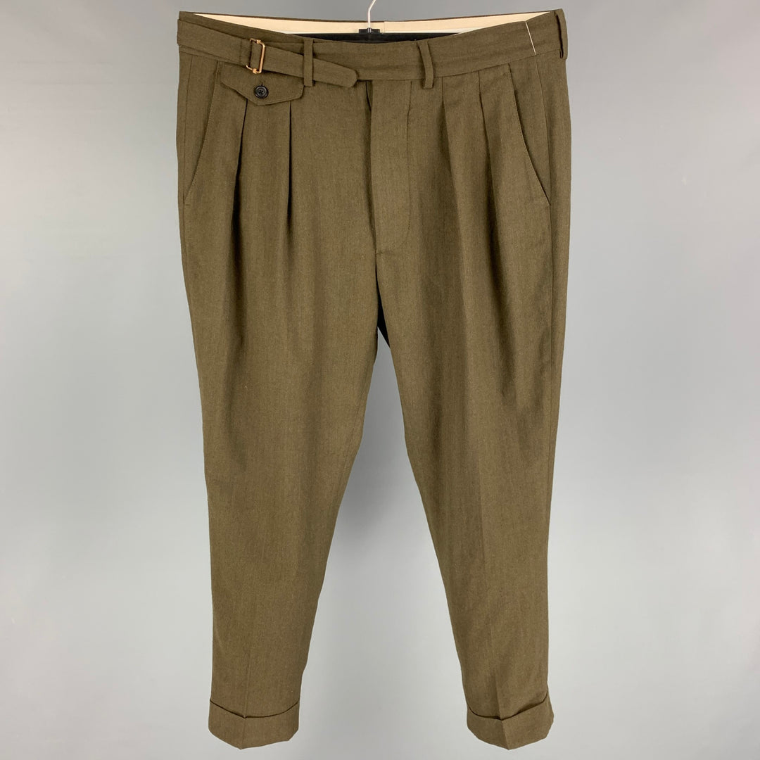 WOOSTER + LARDINI Size 32 Olive Wool Pleated Dress Pants
