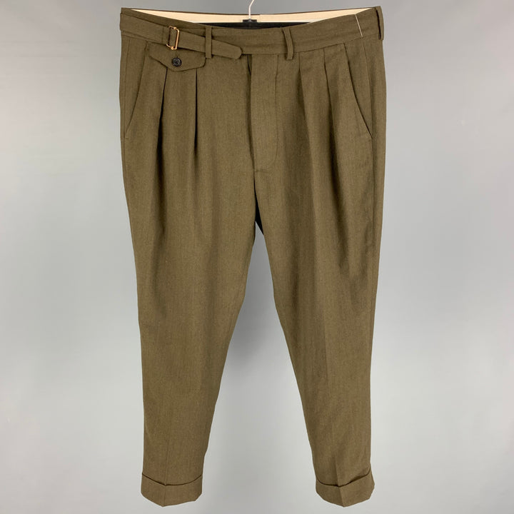 WOOSTER + LARDINI Size 32 Olive Wool Pleated Dress Pants