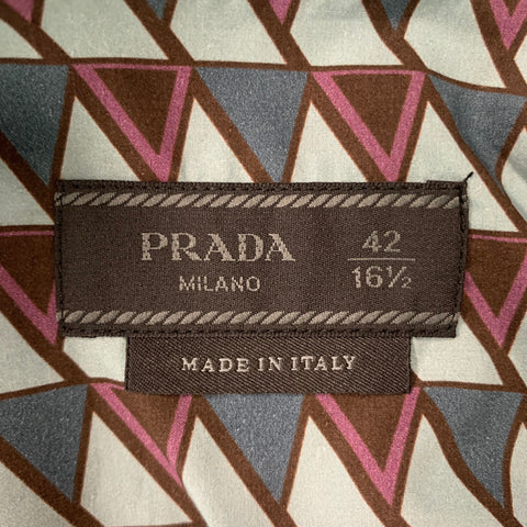 PRADA Size L Green &  Brown Geometric  Button Down Short Sleeve Shirt
