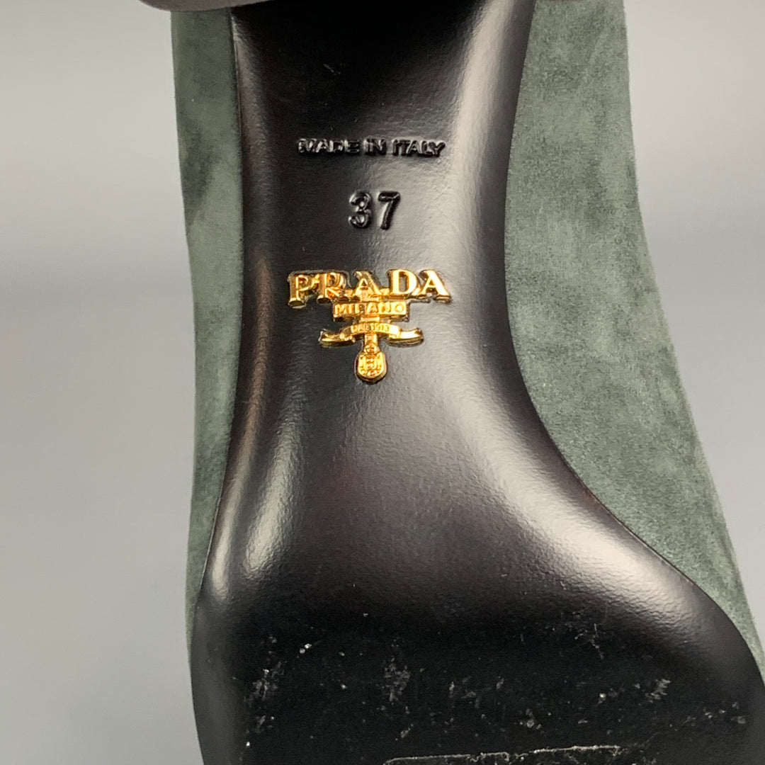 PRADA Size 7 Grey & Gold Suede Chunky Heel Pumps