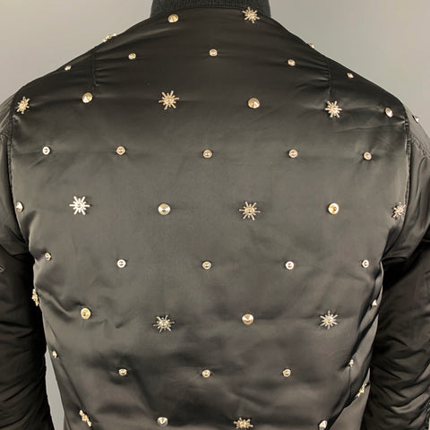 SANDRO Size XS Black Silver Tone Star Studded Nylon Bomber Flight Jacket