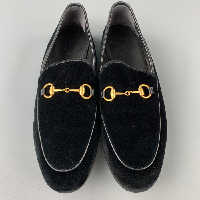 GUCCI New Jordaan Size 10 Black Velvet Horsebit Loafers