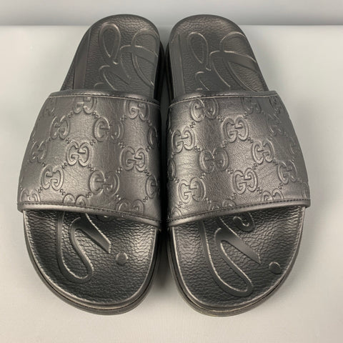 GUCCI Size 12 Black Monogram Leather Slide Sandals