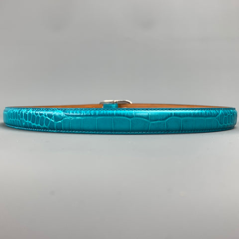 RALPH LAUREN Size M Teal Embossed Leather Skinny Belt
