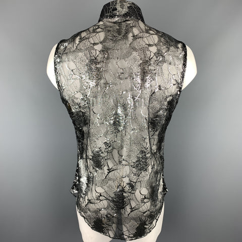 Vintage GIANNI VERSACE Size XXL Silver & Black Lace Silk Blend Button Up Sleeveless