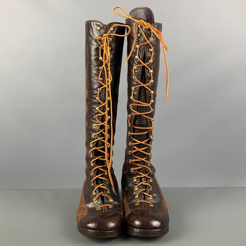 VINTAGE Size 10 Brown Tan Mixed Leathers Lace Up Boots