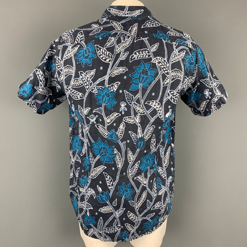 ETRO Size L Navy & Blue Print Linen Button Up Short Sleeve Shirt
