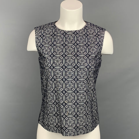 NOOY Size S Navy & White Embroidered Cotton A-line Sleeveless Blouse