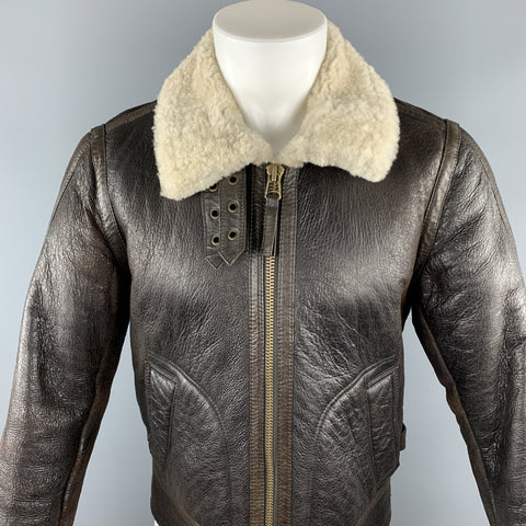 VINCE Chaqueta de piel de oveja con cremallera completa marrón talla S