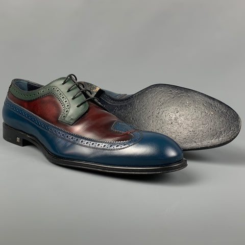 LOUIS VUITTON Size 11.5 Blue Burgundy Color Block Leather Lace Up Shoes