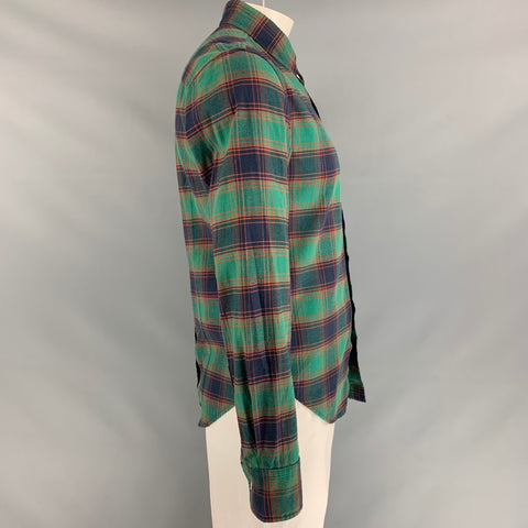 BAND OF OUTSIDERS Size L Green &  Navy Plaid Cotton Button Down Long Sleeve Shirt