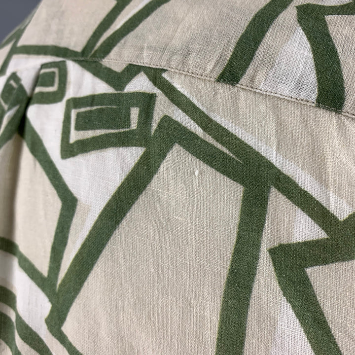 120% LINO Size S Green White Print Linen Button Up Long Sleeve Shirt