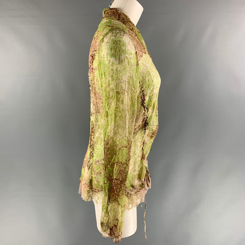 BIYA Size L Gold, Brown & Green Silk Abstract floral Raw edge Blouse
