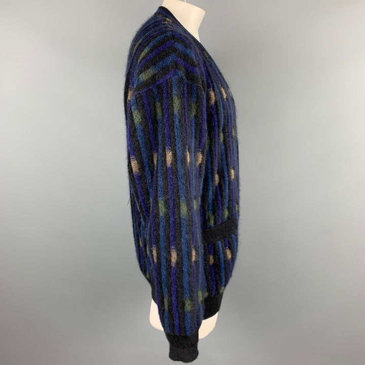 Vintage MISSONI Size XL Black & Blue Stripe Mohair Blend V-Neck Cardigan
