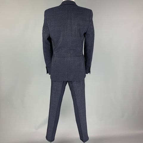 LORDS & FOOLS Size 36 Navy Black Textured Wool Blend Peak Lapel Tuxedo Suit