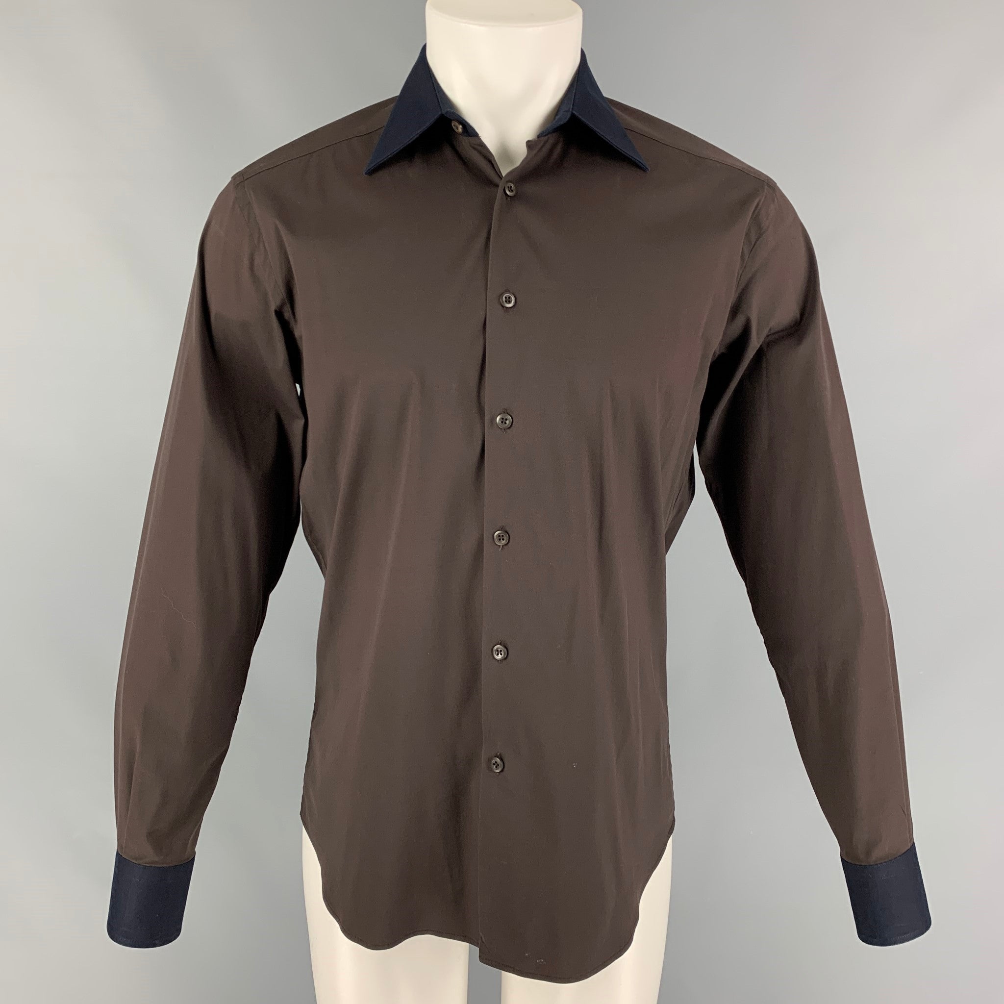 PRADA Size 38 Brown Navy Color Block Cotton Blend Button Down Long Sleeve  Shirt