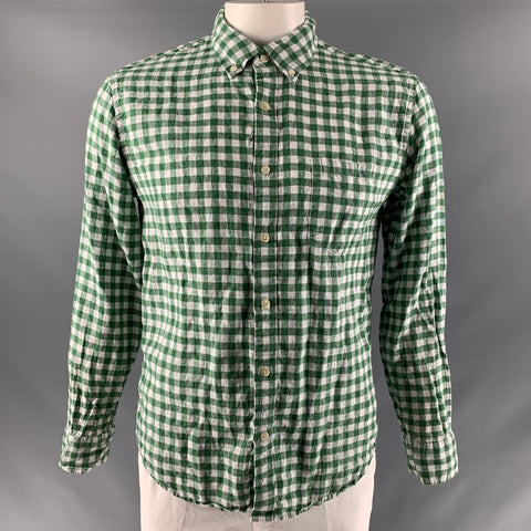 J CREW Size L Green White Checkered Linen &  Cotton Button Down Long Sleeve Shirt