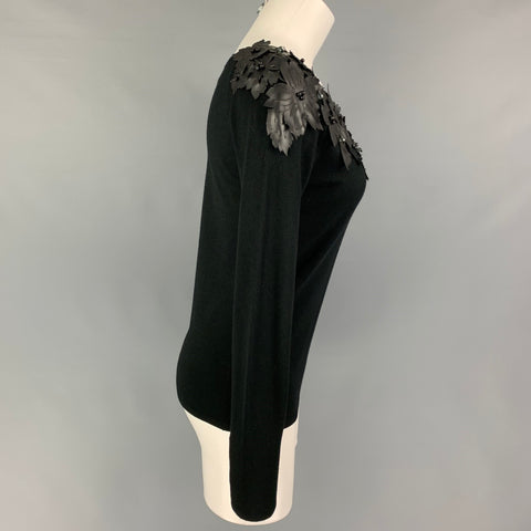 AZADEH Size S Black Rayon Lycra Leather Floral Applique Off-Shoulder Casual Top