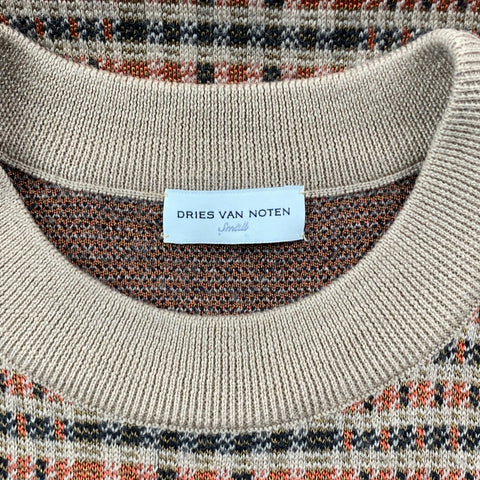 DRIES VAN NOTEN Size S Tan & Orange Plaid Wool Blend Crew-Neck Sweater