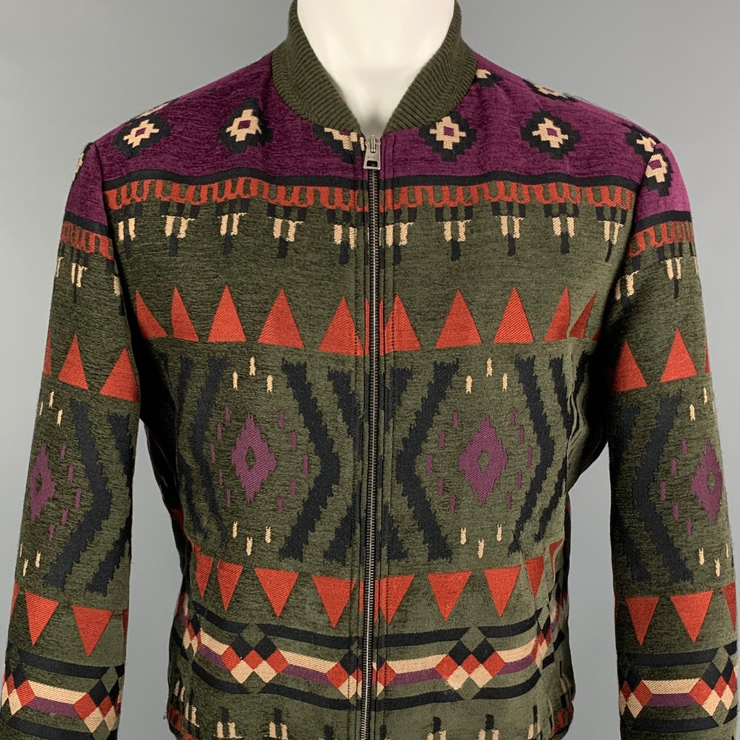 ETRO Size M Olive Purple Pattern Wool Blend Zip Up Bomber Jacket