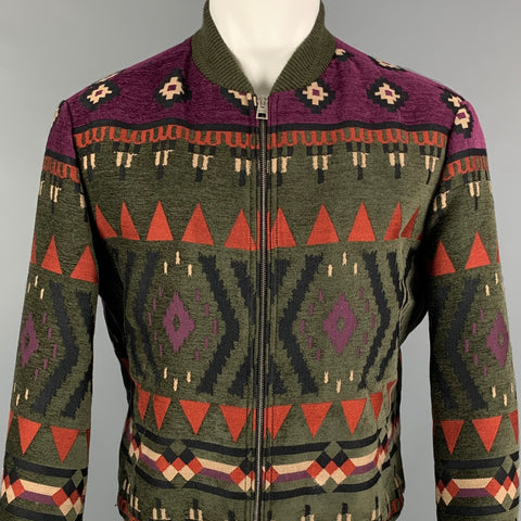 ETRO Taille M Olive Violet Motif Laine Mélange Zip Up Bomber Jacket