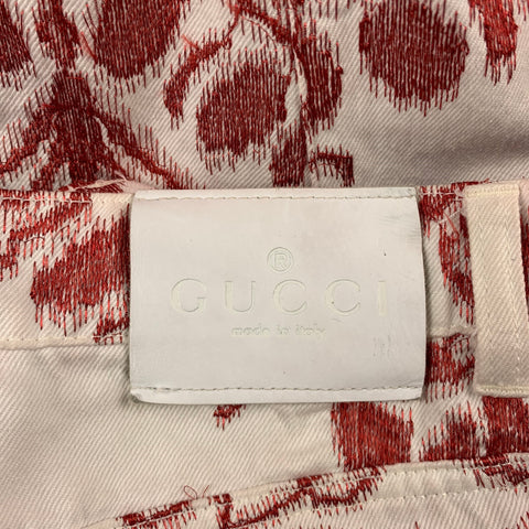 GUCCI by TOM FORD S/S 2000 Size 34 White & Red Embroidery Cotton 34 Bell Bottom Jeans