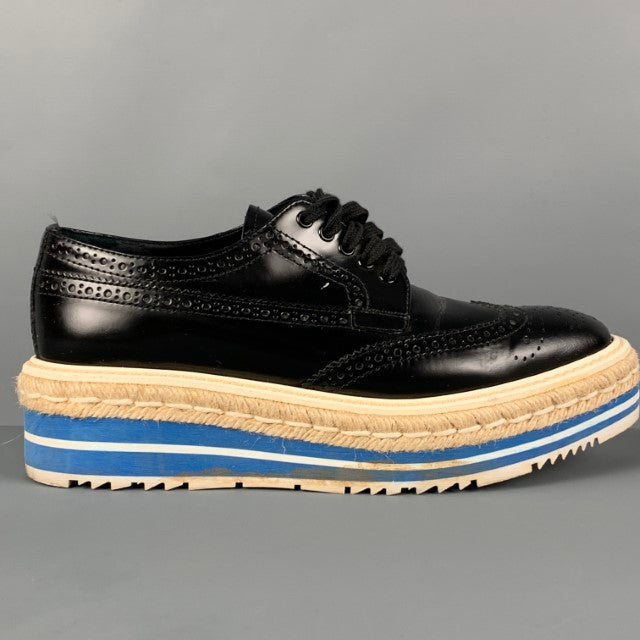 PRADA Size 6.5 Black White Blue Perforated Wingtip Shoes – Sui