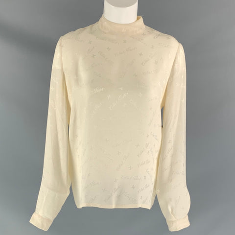 CELINE Size 4 Cream Silk Signature Print Long Sleeve Blouse