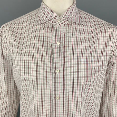 ISAIA Taille XL Chemise à manches longues boutonnée en coton blanc et marron à carreaux
