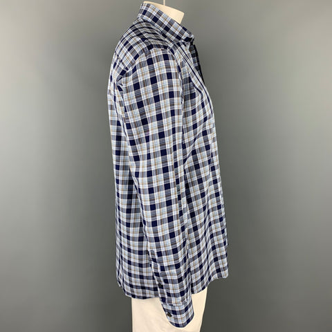 ERMENEGILDO ZEGNA Size XL Navy & White Plaid Cotton Long Sleeve Shirt