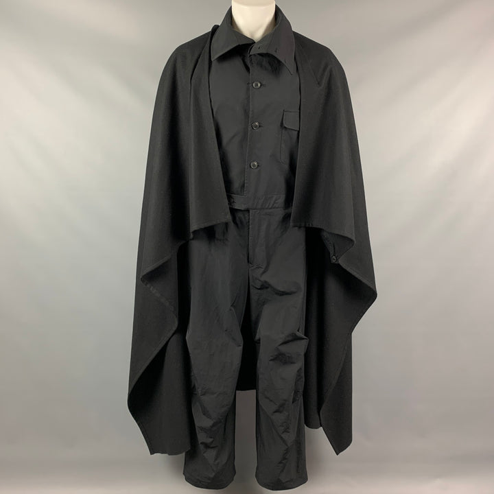 YOHJI YAMAMOTO POUR HOMME FW 17 Size S Black Polyester / Wool Flight Cape Jumpsuit Overalls