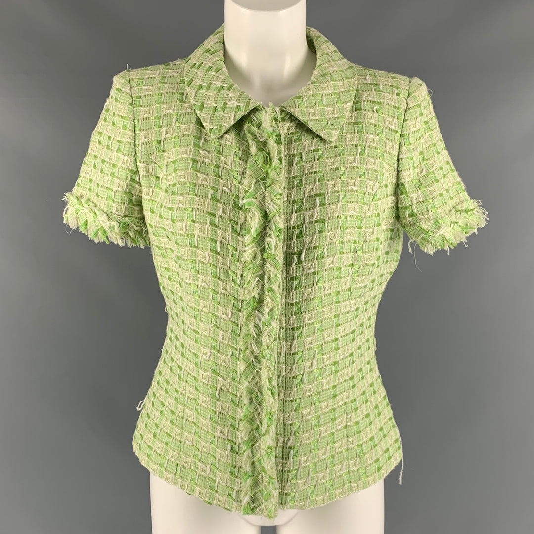 OSCAR DE LA RENTA Size 8 Green White Polyamide Blend Woven Dress Top Sui Generis Designer Consignment OSCAR DE LA RENTA Size 8 Green White Polyamide Blend Woven Dress Top Sui Generis Designer Consignment