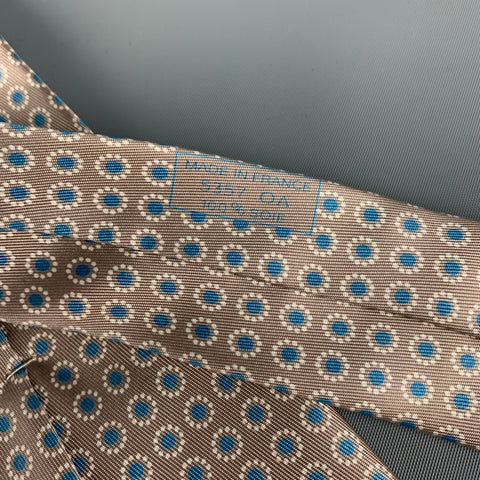 HERMES 5357 OA Taupe Blue Dots Silk Tie