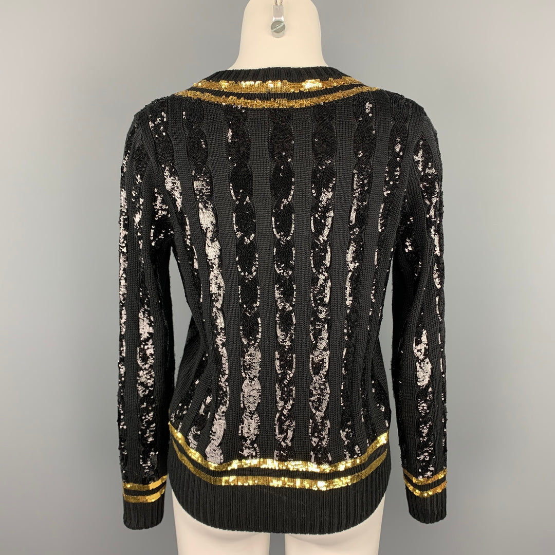 RALPH LAUREN Collection Size M Black & Gold Sequined Striped Silk Sweater