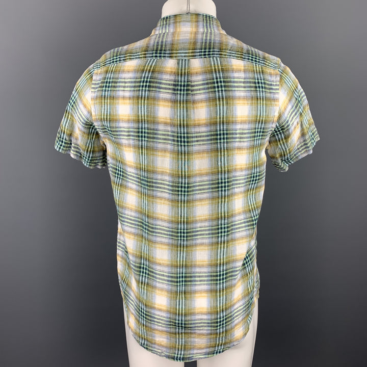 CHAMBRAY Size S Green Plaid Linen Button Down Short Sleeve Shirt