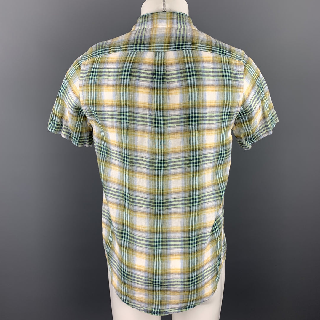 CHAMBRAY Camisa de manga corta con botones de lino a cuadros verdes talla S