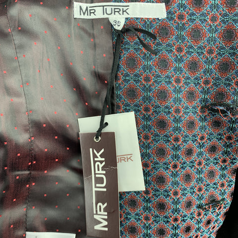 MR. TURK Size 36 Blue & Red Print Polyester Blend Peak Lapel Sport Coat