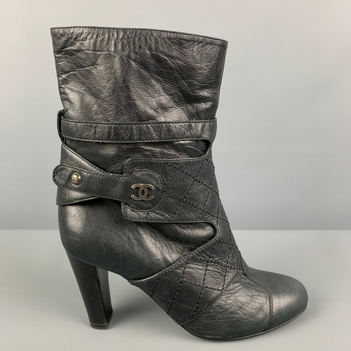 CHANEL Size 7.5 Black Leather Straps Boots