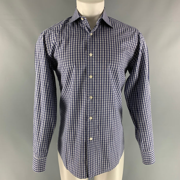 LANVIN Size M  Blue & White Cotton Checkered  Button Down  Long Sleeve Shirt