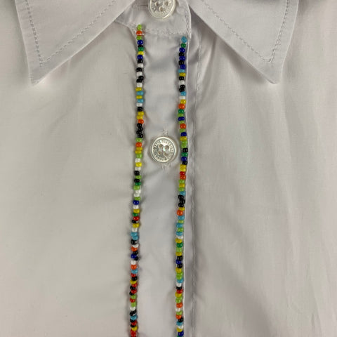 LOVE MOSCHINO Size 6 White Cotton / Elastane Buttoned Tie-belt Beads Blouse