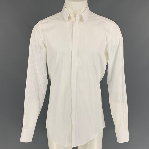 DOLCE & GABBANA Gold Size M White Stripe Cotton Hidden Placket Long Sleeve Shirt