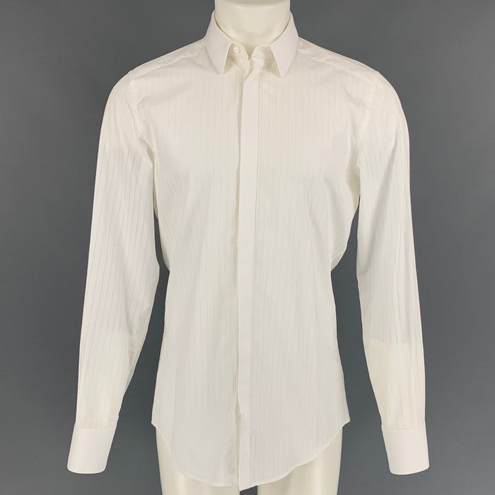 DOLCE &amp; GABBANA Camisa de manga larga con tapeta oculta de algodón a rayas blancas talla M dorada