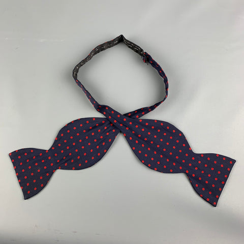 VINTAGE Noeud papillon en soie à pois rouges marine